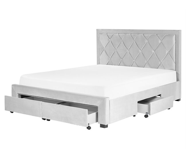 Beliani Cama com armazenamento Veludo LIEVIN 165x217 Azul Marino