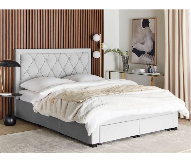 Beliani Cama com armazenamento Veludo LIEVIN 165x217 Azul Marino