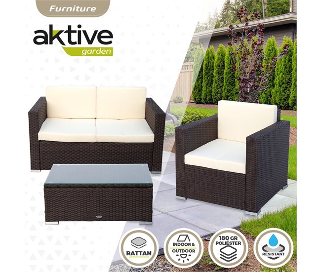 Conjunto de mobiliário de terraço, poltronas, sofá e mesa de centro em rotim Aktive Preto