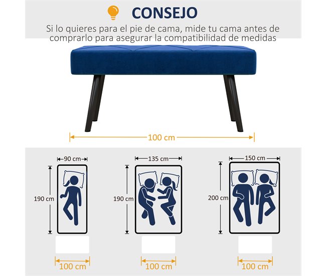 Banco de Pé de Cama Aço, Espuma e Poliéster HOMCOM, casa - quarto Azul