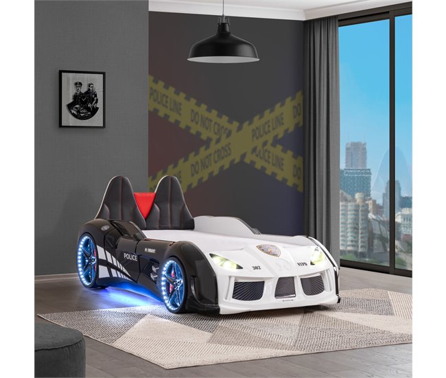 Cama carro POLICE 90x190 cm com comando incluído  Branco/ Preto
