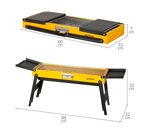Aktive Churrasqueira dobrável a carvão aço com bandejas laterais Amarelo