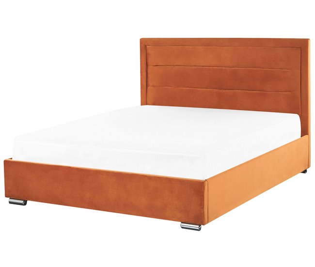 Beliani Cama com armazenamento Veludo ROUEN 168x214 Laranja
