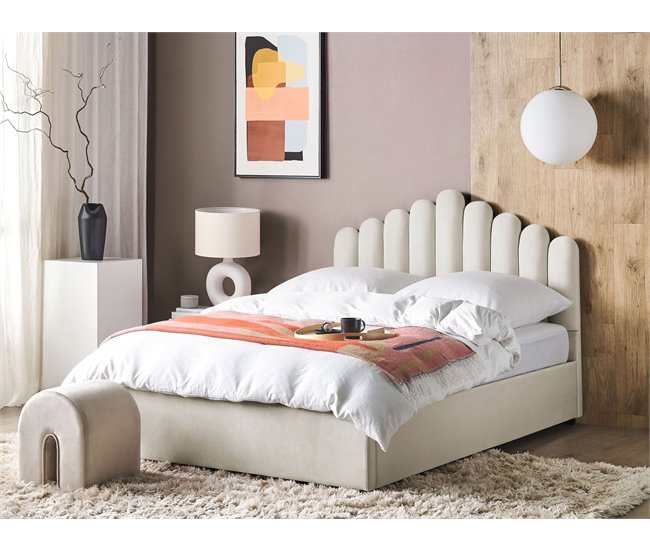 Beliani Cama com armazenamento Veludo VINCENNES 167x214 Branco/ Bege