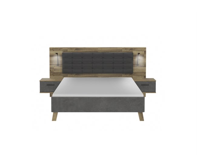 Conjunto cama com cabeceira e 2 mesinhas RICCIANO Carvalho