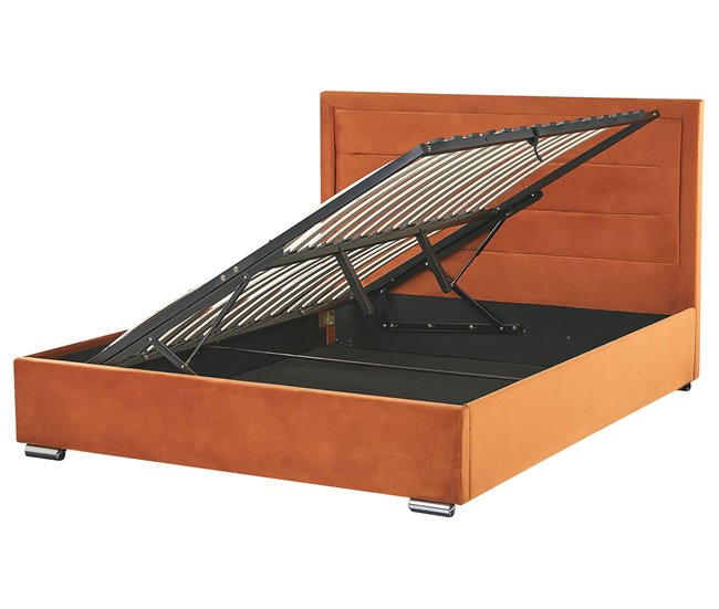 Beliani Cama com armazenamento Veludo ROUEN 168x214 Laranja