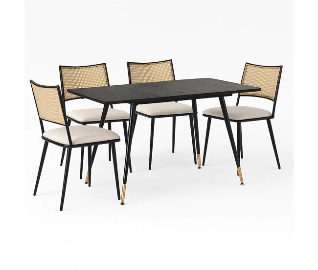 Conjunto de jantar extensível com mesa de madeira e 2 cadeiras de rattan