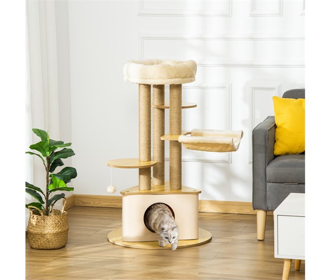 Árvore Arranhadora para Gatos MDF, Juta, Pelúcia e Feltro PawHut Bege