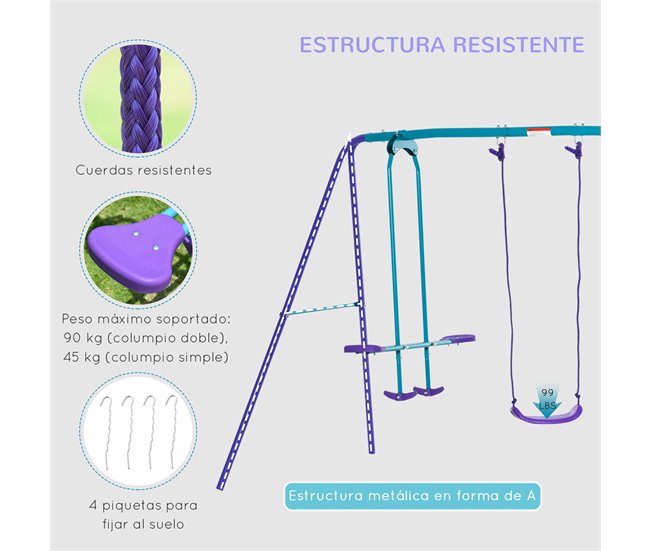 Conjunto de Baloiços de Jardim Metal e PE Outsunny Roxo