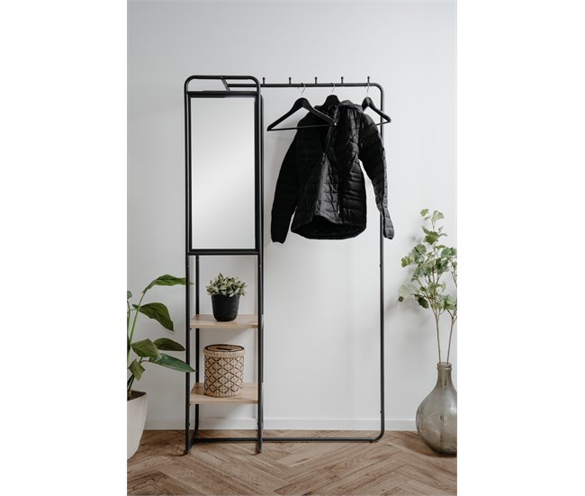 Móvel para hall de entrada com espelho e 2 prateleiras LUTON Preto/ Madeira