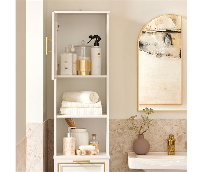 Armário alto de banho com 1 porta e 1 cesto BZR87-W SoBuy Branco