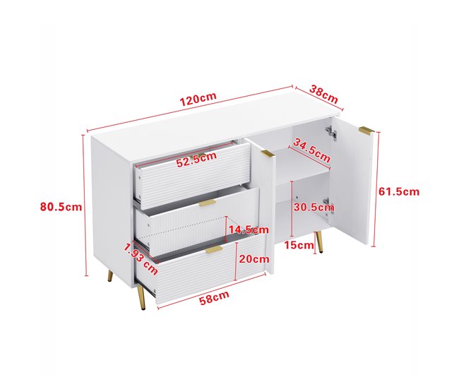 Aparador com 2 portas e 3 gavetas Branco