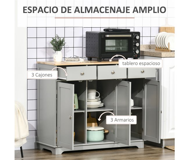 Aparador MDF e Madeira de Borracha HOMCOM, casa - cozinha Cinza