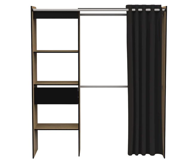 Guarda-roupa extensível com barras e gaveta Preto/ Madeira