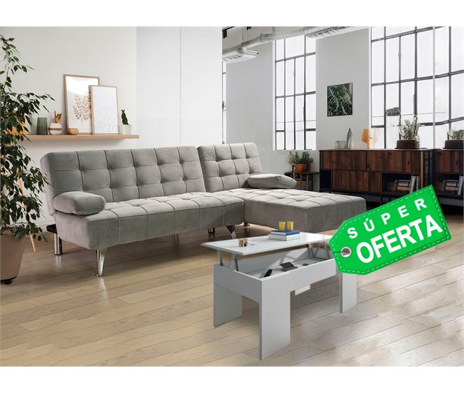 Chaise Longue Sofá Cama + Mesa de Centro Elevable Cinza Escuro