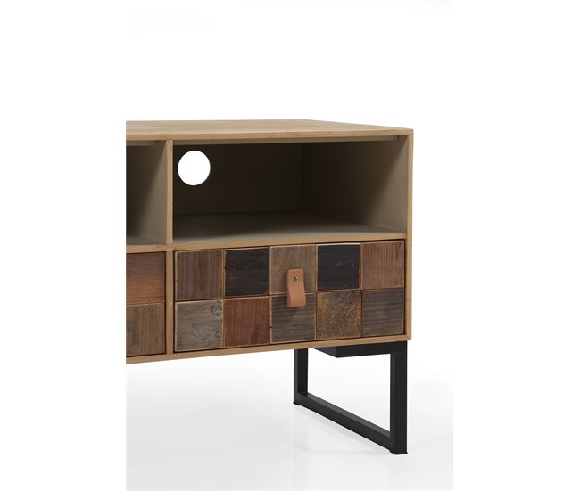 Mueble Tv Chapado Frontis De Madera Reciclada Base De Metal Natural