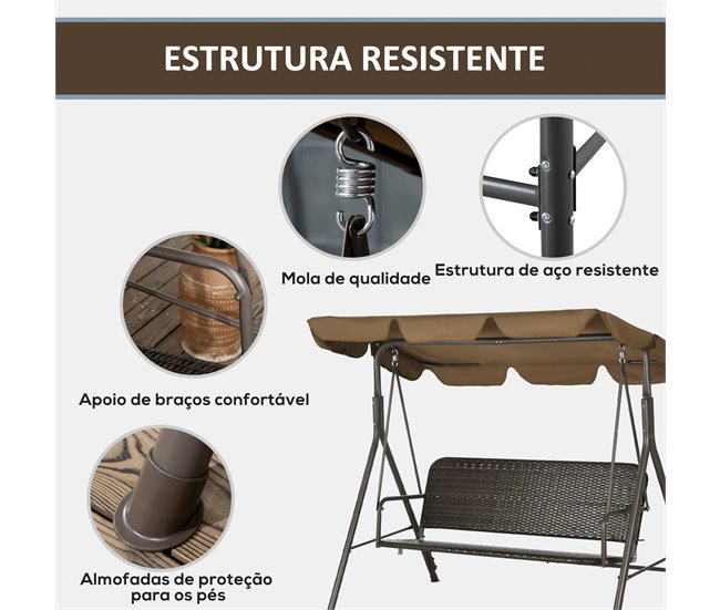 Baloiço de Jardim 3 Lugares Aço, Vime PE e Poliéster Outsunny Castanho