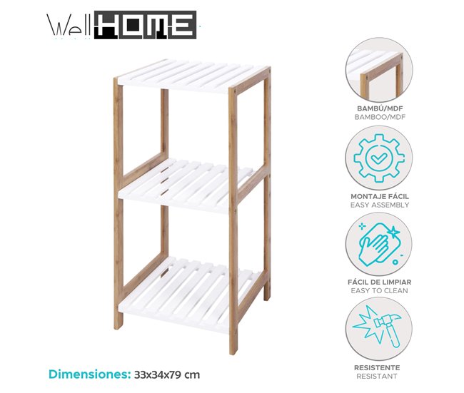 Prateleira de banheiro Well Home com 3 prateleiras em MDF Branco