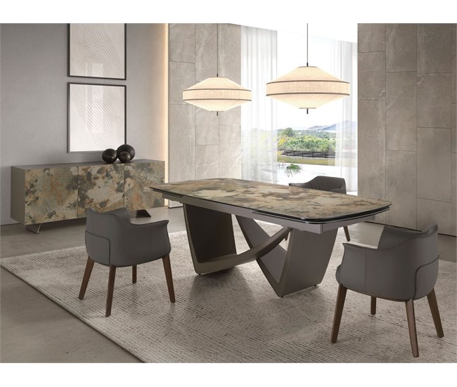 ANGEL CERDA Mesa de jantar oval extensível barril oval mármore porcelana e aço metálico taupe 300x100 Castanho