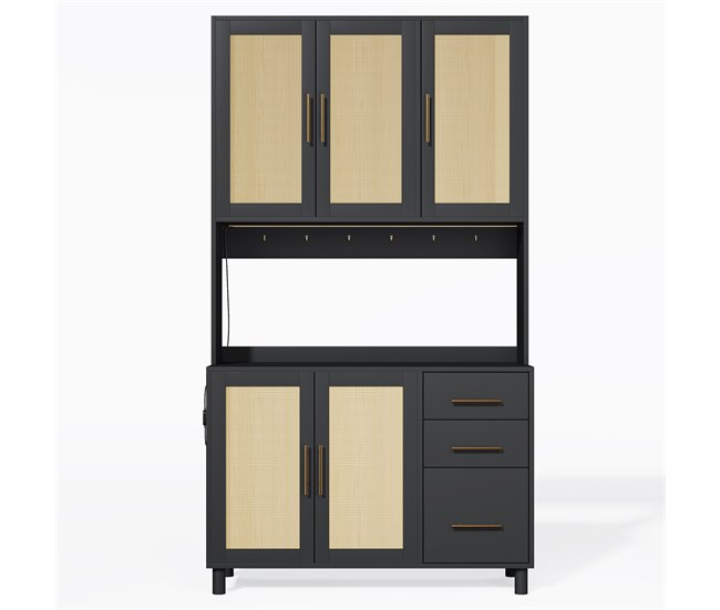 Vitrine alta em efeito madeira e rattan com tomadas integradas Preto/ Madeira