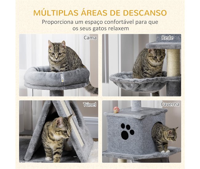 Árvore para Gato Aglomerado, Pelúcia, Tecido de Feltro e Sisal Cinza
