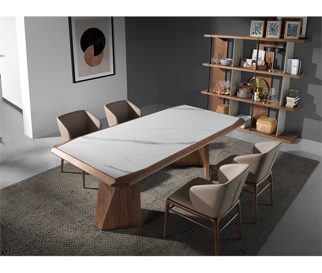 ANGEL CERDA Tabela de jantar retangular mármore porcelânico e nogueira 220x110 Nogal