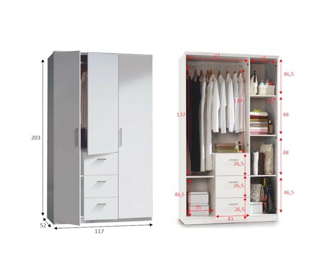 Armário de 3 portas com efeito madeira Branco