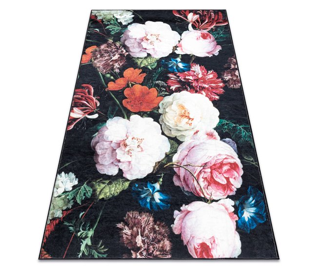 ANDRE 1629 Tapete flores vintage antiderrapante 80x150 Preto