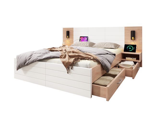 Cama de casal de madeira maciça com 2 gavetas 255x207