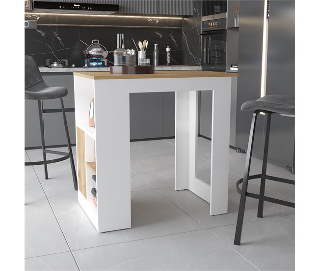 Ilha de cozinha Oviedo em melamina com mini armário de 1 porta e prateleiras laterais Natural/ Branco