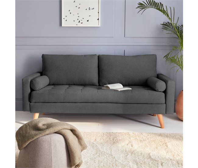 Sofá escandinavo de 3 lugares, direito, pernas de madeira Azul Marino