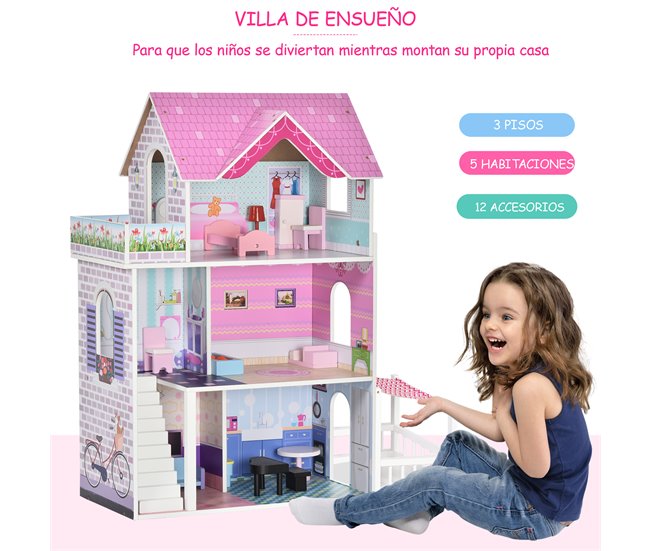 Casa de Bonecas Madeira de Pinho e MDF HOMCOM Rosa