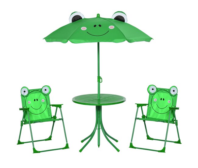 Conjunto Mesa e Cadeiras Exterior Infantil Metal e Poliéster Verde