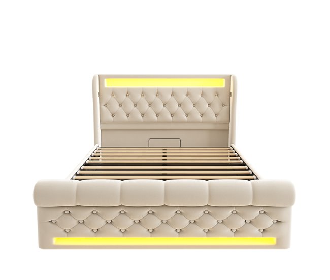 Cama estofada 160x200cm - cama com luzes led, cabeceira com arrumação, portas usb e tipo-c, cama hidráulica - bege