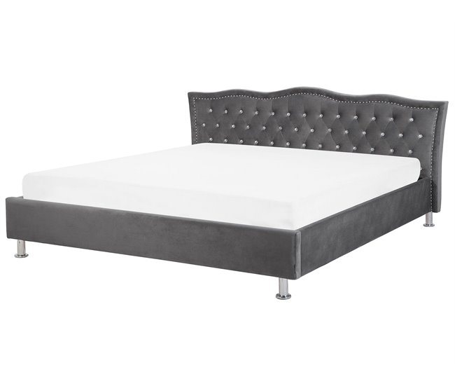 Beliani Cama con almacenaje Terciopelo METZ 209x215 Cinza Escuro