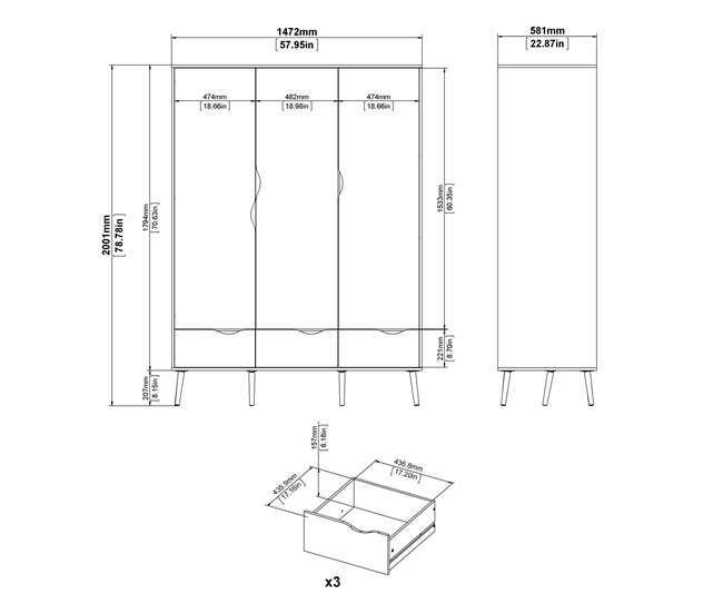 Roupeiro DELTA portas batentes e 3 gavetas 147x200cm branco Branco