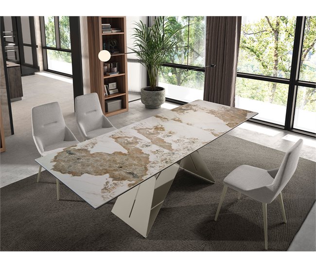 ANGEL CERDA Mesa de jantar extensível retangular em mármore porcelânico e aço cinzento taupe 240x90 Branco