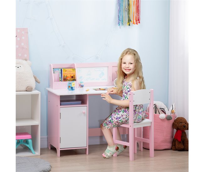 Mesa e Cadeira Infantil MDF e Madeira de Pinho HOMCOM 90x45 Rosa