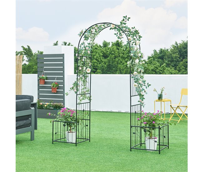 Arco rosa Barisciano com floreiras em aço Preto
