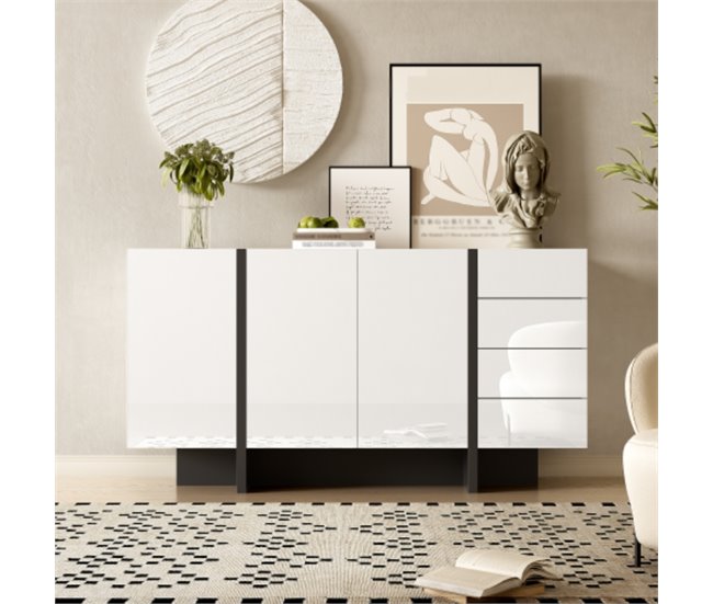 Aparador, 2 portas, 4 gavetas, sala de estar, sala de jantar Branco