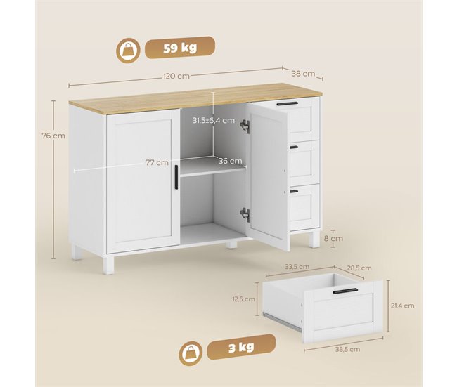 Aparador Melamina de Madeira, MDF HOMCOM Branco