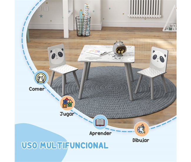 Mesa e Cadeiras Crianças MDF e Madeira de Pinho ZONEKIZ Cinza