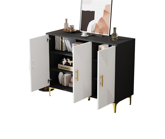 Aparador de mdf e painel de partículas com 3 portas Branco/ Preto