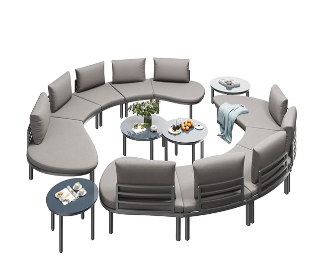 Conjunto de móveis de jardim para 10 pessoas - 4 mesas de centro em vidro temperado, estrutura em ferro galvanizado, sofá redondo elegante, almofadas cinzentas