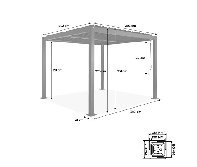 Pérgula bioclimática, alumínio e aço, lâminas ajustáveis 292x292 Preto