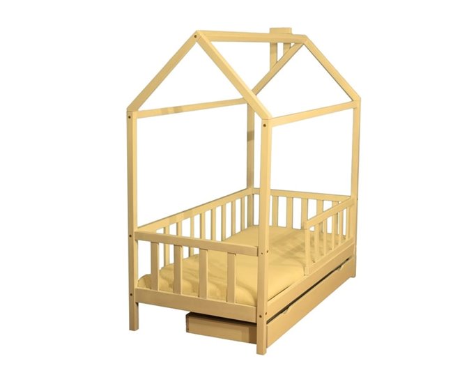Cama infantil de madeira tipo cabana com gaveta e base 80x160
