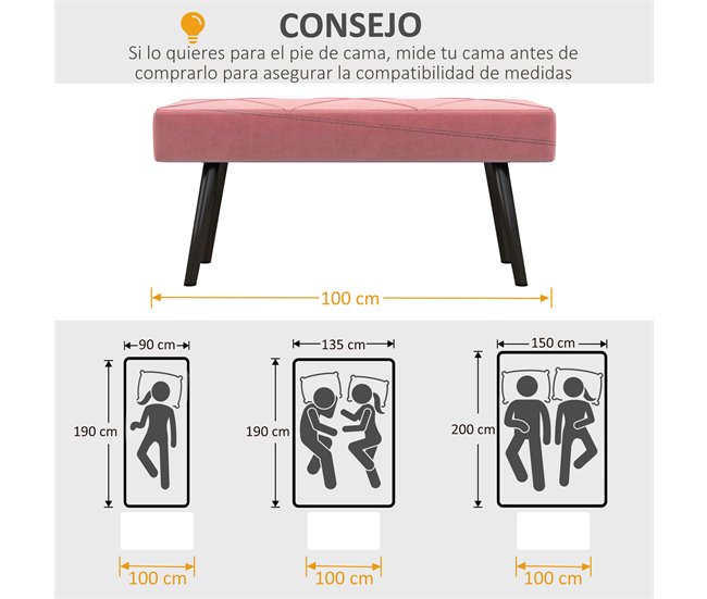 Banco de Pé de Cama Veludo (100% poliéster), esponja e aço HOMCOM Rosa