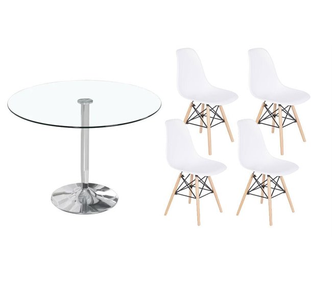 Pack Mesa Redonda de Vidro Temperado + 4 Cadeiras  Estilo Nórdico 90x90 Branco