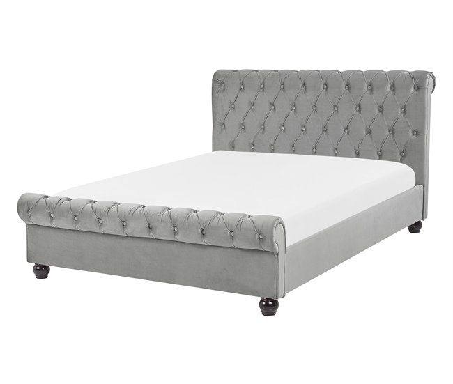 Beliani Cama com estrado Veludo AVALLON 152x233 Cinza Claro