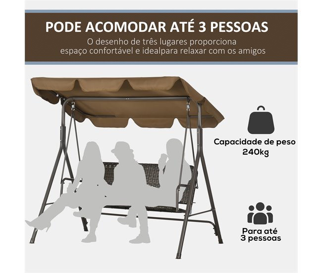 Baloiço de Jardim 3 Lugares Aço, Vime PE e Poliéster Outsunny Castanho